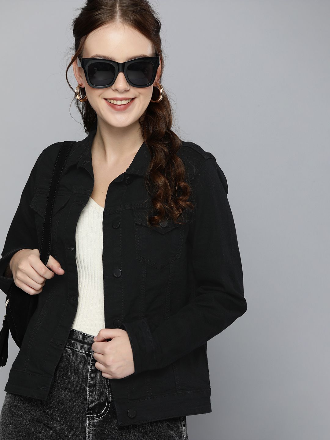 HERE&NOW Women Black Solid Denim Jacket Price in India