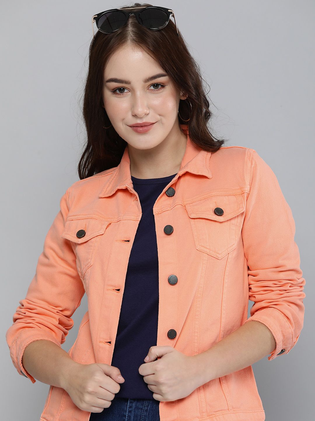 HERE&NOW Women Peach-Coloured Solid Denim Jacket Price in India