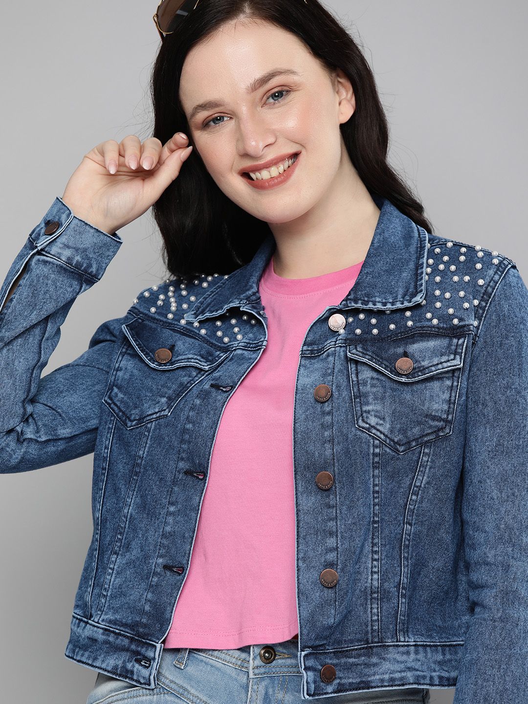 HERE&NOW Women Blue Cropped Studded Denim Jacket Price in India