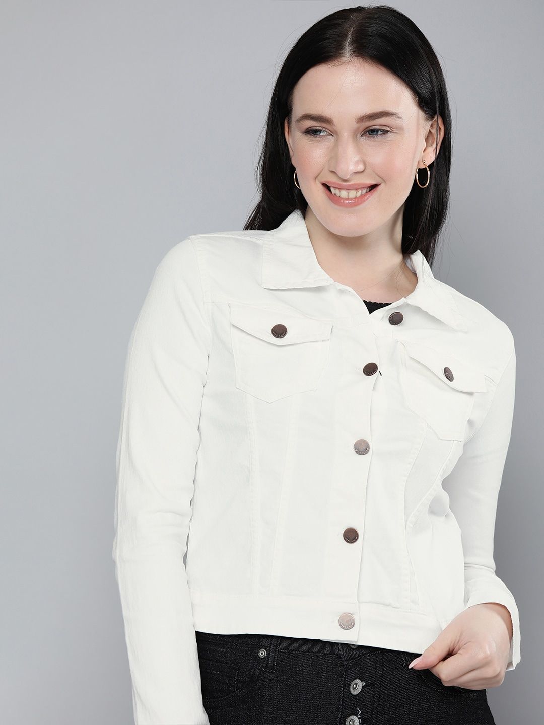 HERE&NOW Women White Solid Denim Jacket Price in India
