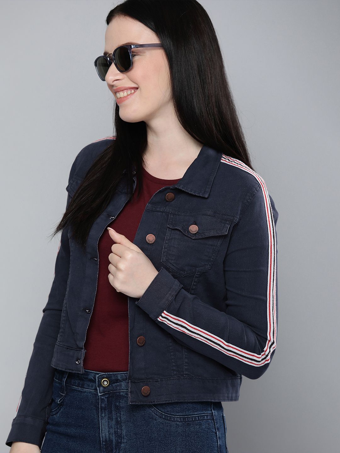 HERE&NOW Women Navy Blue Solid Denim Jacket Price in India
