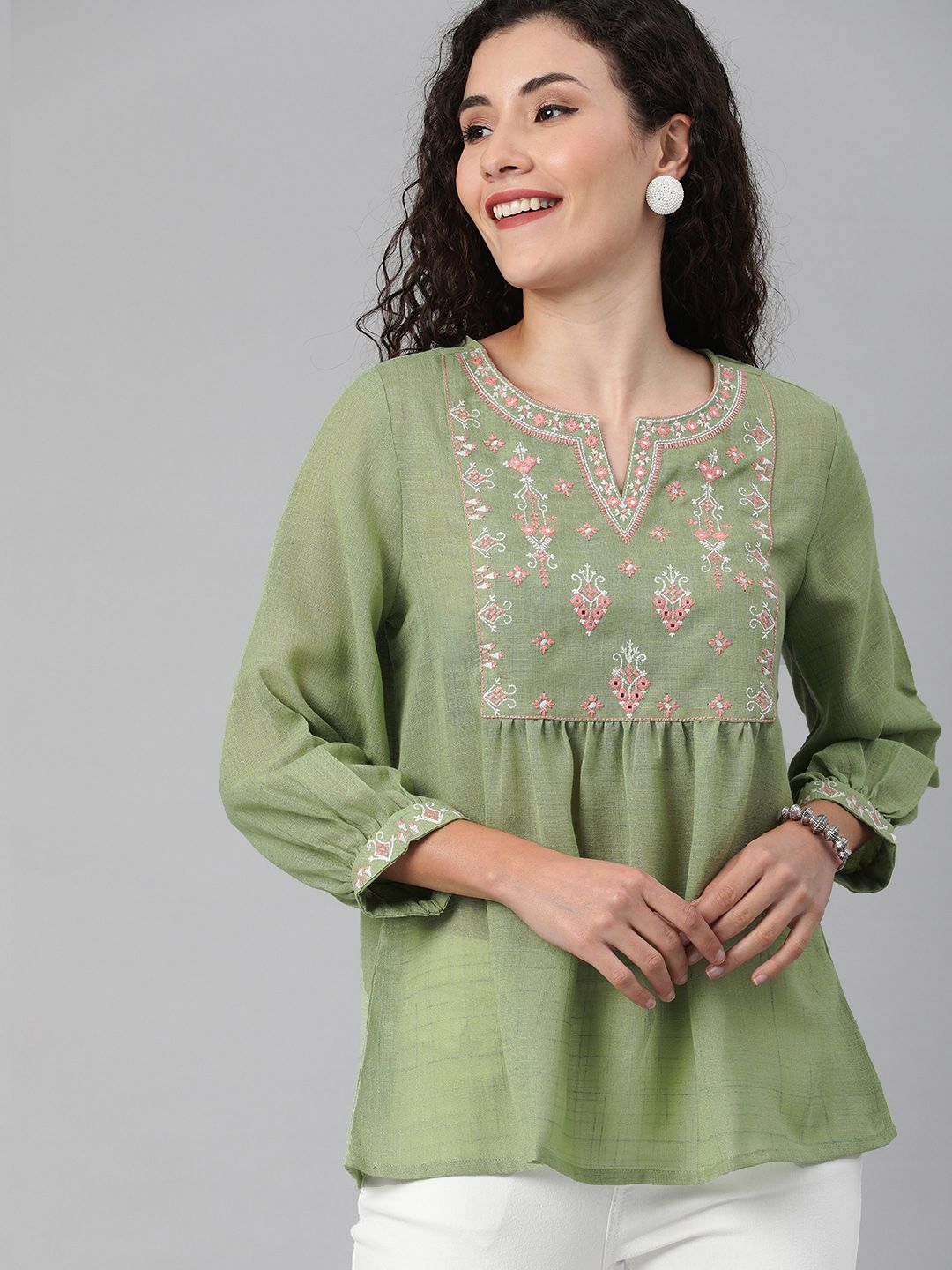 Global Desi Green & Pink Cotton Embroidered Semi-Sheer A-Line Top
