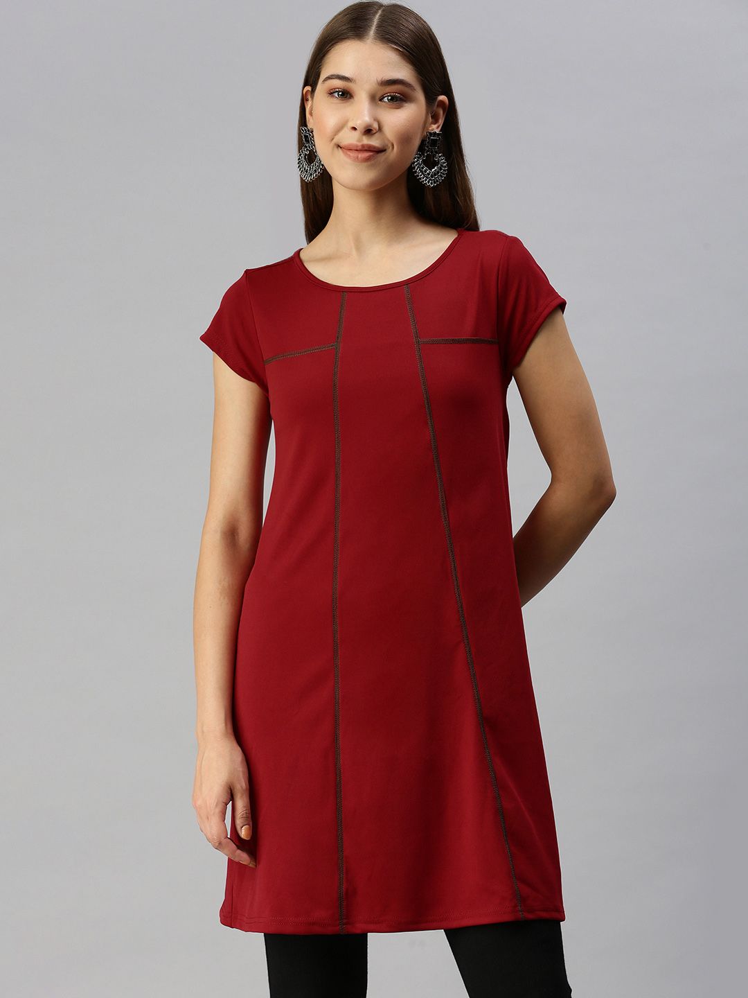 Global Desi Women Maroon Embroidered Round-Neck Tunic Price in India