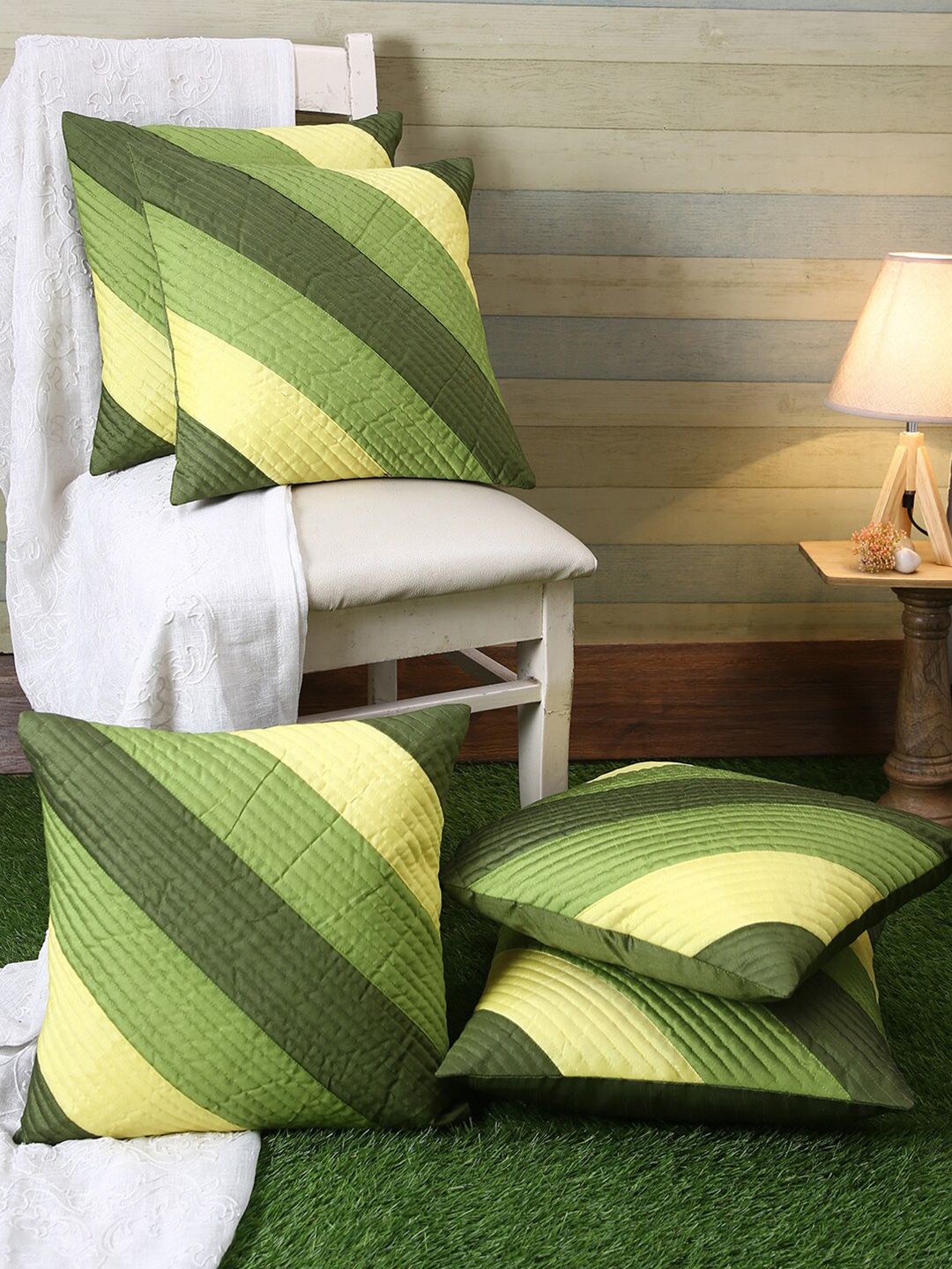 ROMEE Green & Yellow Set of 5 Striped Square Cushion Covers Price in India