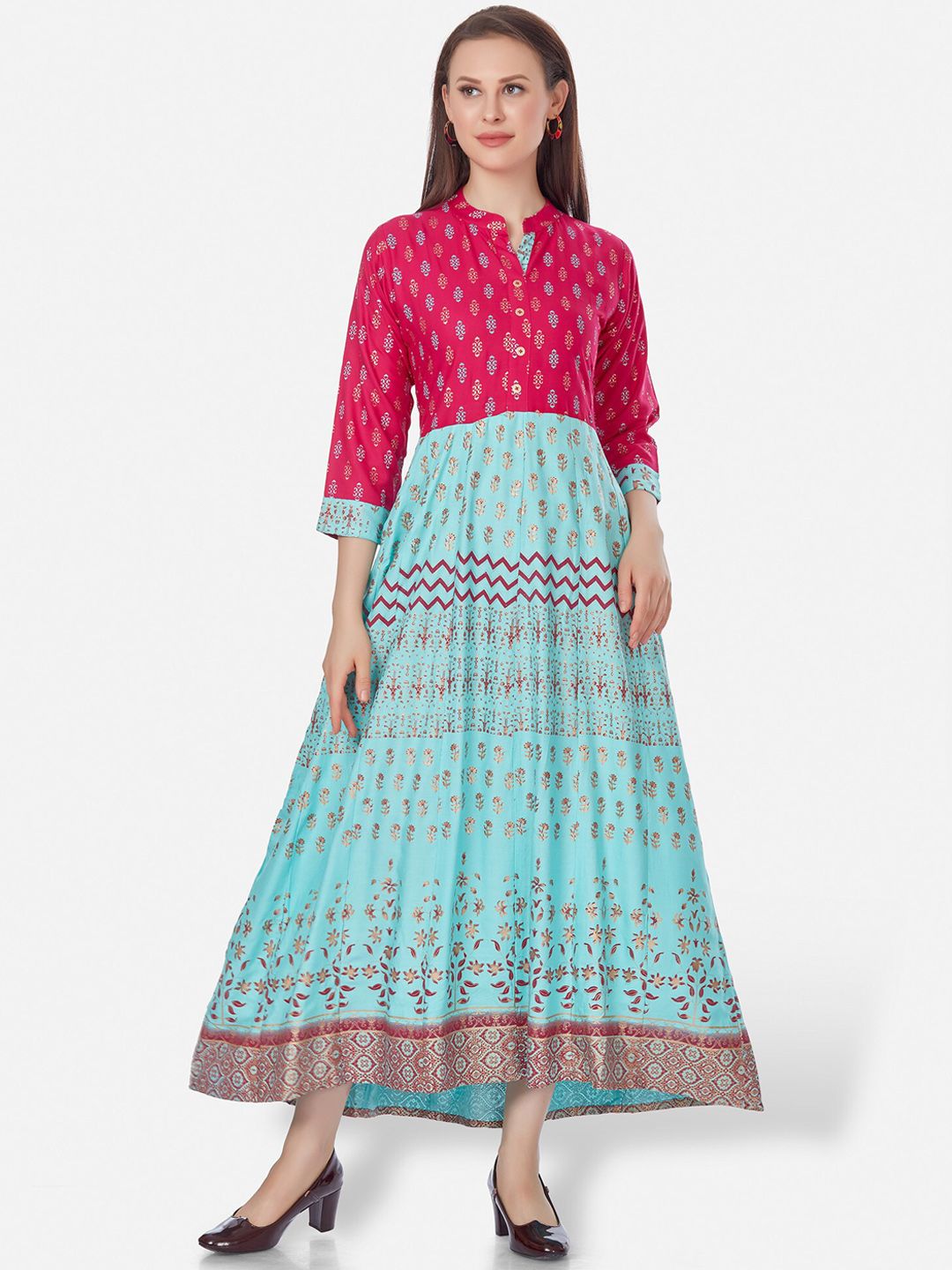 Kiana Blue & Pink Ethnic Motifs Printed Ethnic Maxi Dress