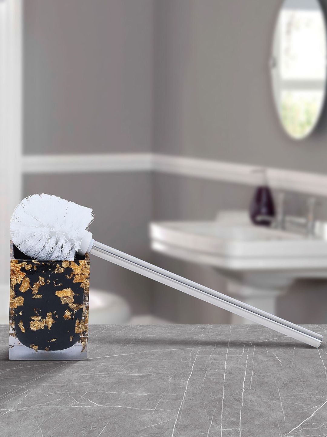 OBSESSIONS Black & Gold-Toned Printed Polyresin Spaze Toilet Brush With Holder Price in India