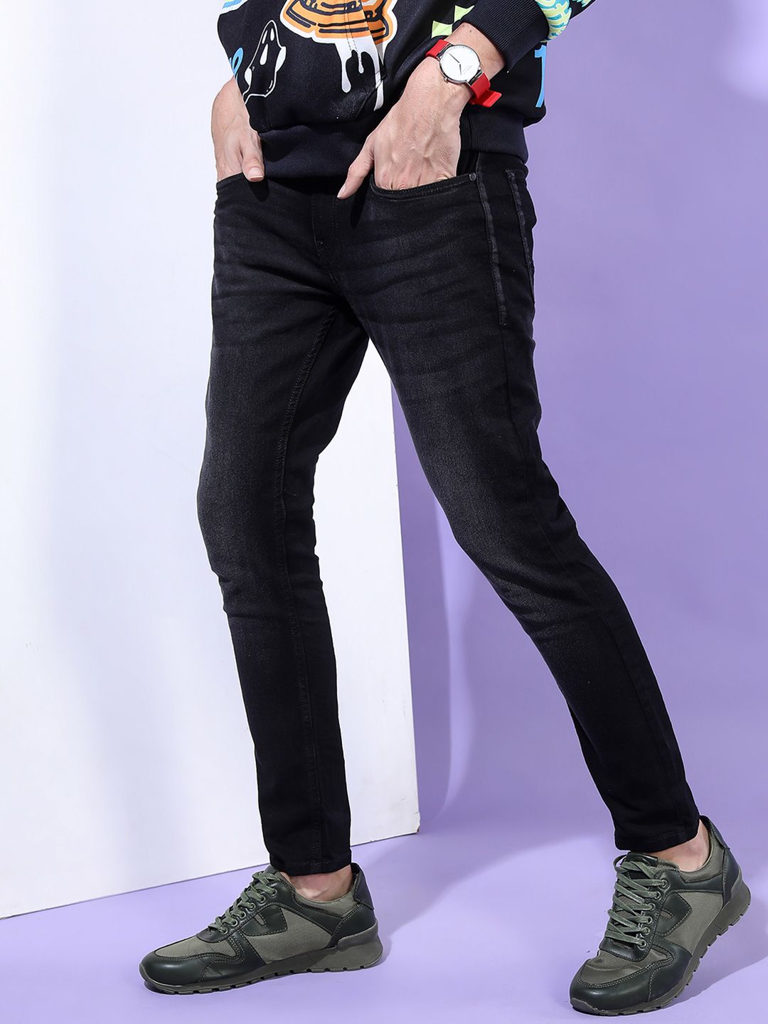 HIGHLANDER Men Black Tapered Fit Heavy Fade Jeans