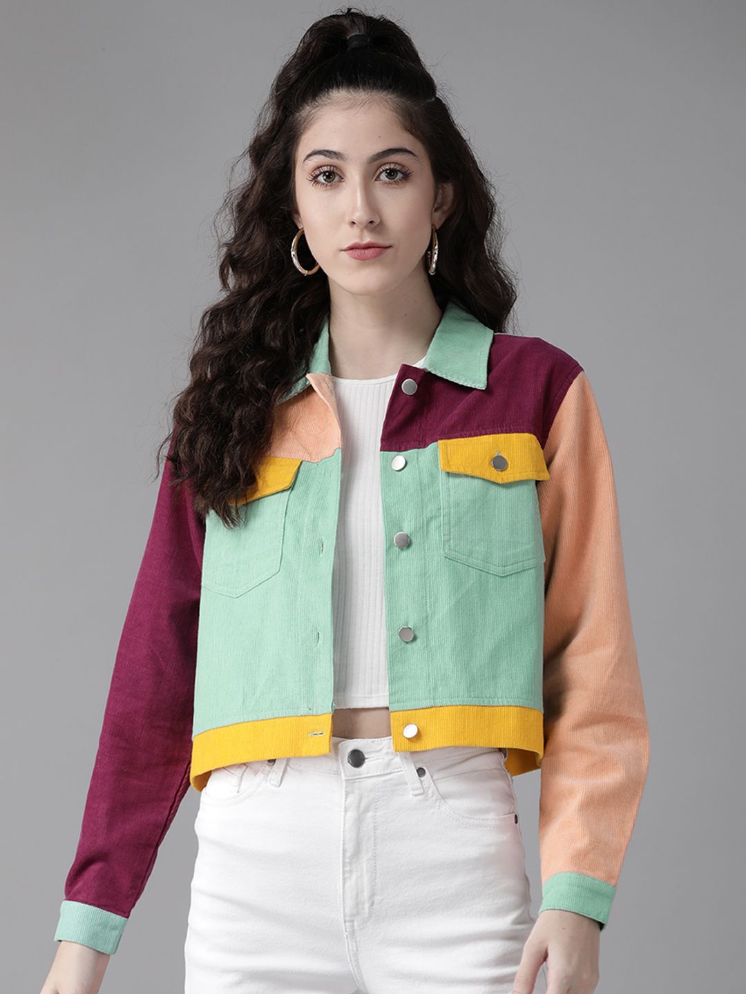 The Dry State Women Sea Green & Purple Colourblocked Corduroy Pocket Open Front Jacket Price in India