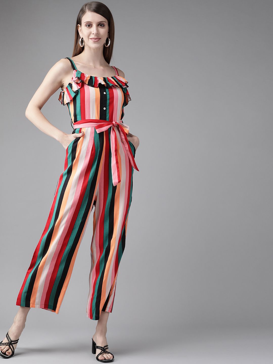 The Dry State Women Multicoloured Striped Cropped Ruffled Basic Jumpsuit with Belt Price in India