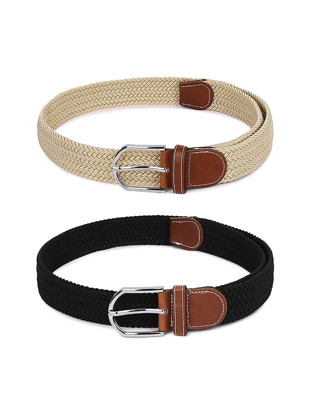 CRUSSET Women Cream & Black Woven Design Pack of 2 Belts Price in India