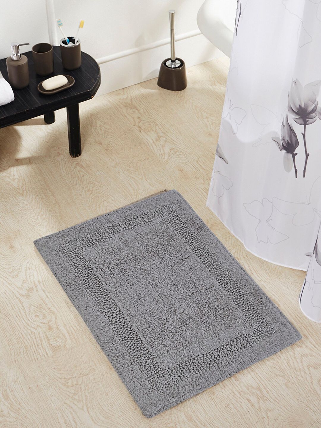 OBSESSIONS Grey Solid Affinity Reversible Pure Cotton Anti-Skid Bath Rug Price in India