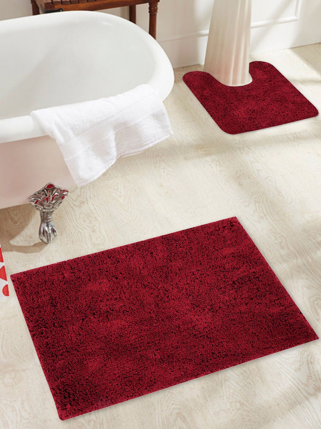 OBSESSIONS Red Solid Anti-Skid Bath Rug With Contour Mat Price in India