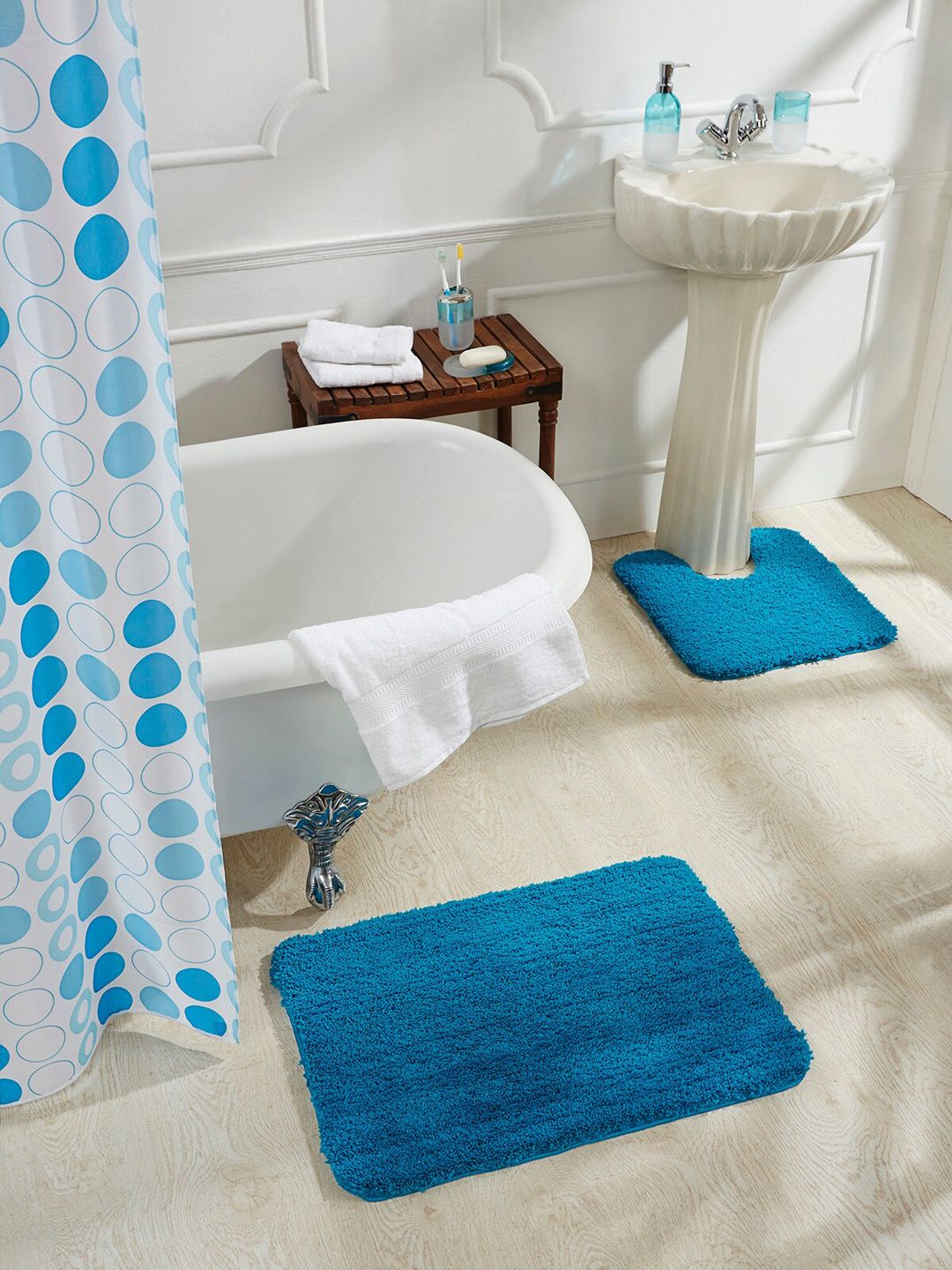 OBSESSIONS Blue Solid 110 GSM Diana Anti-Skid Bath Rug With Contour Mat Price in India