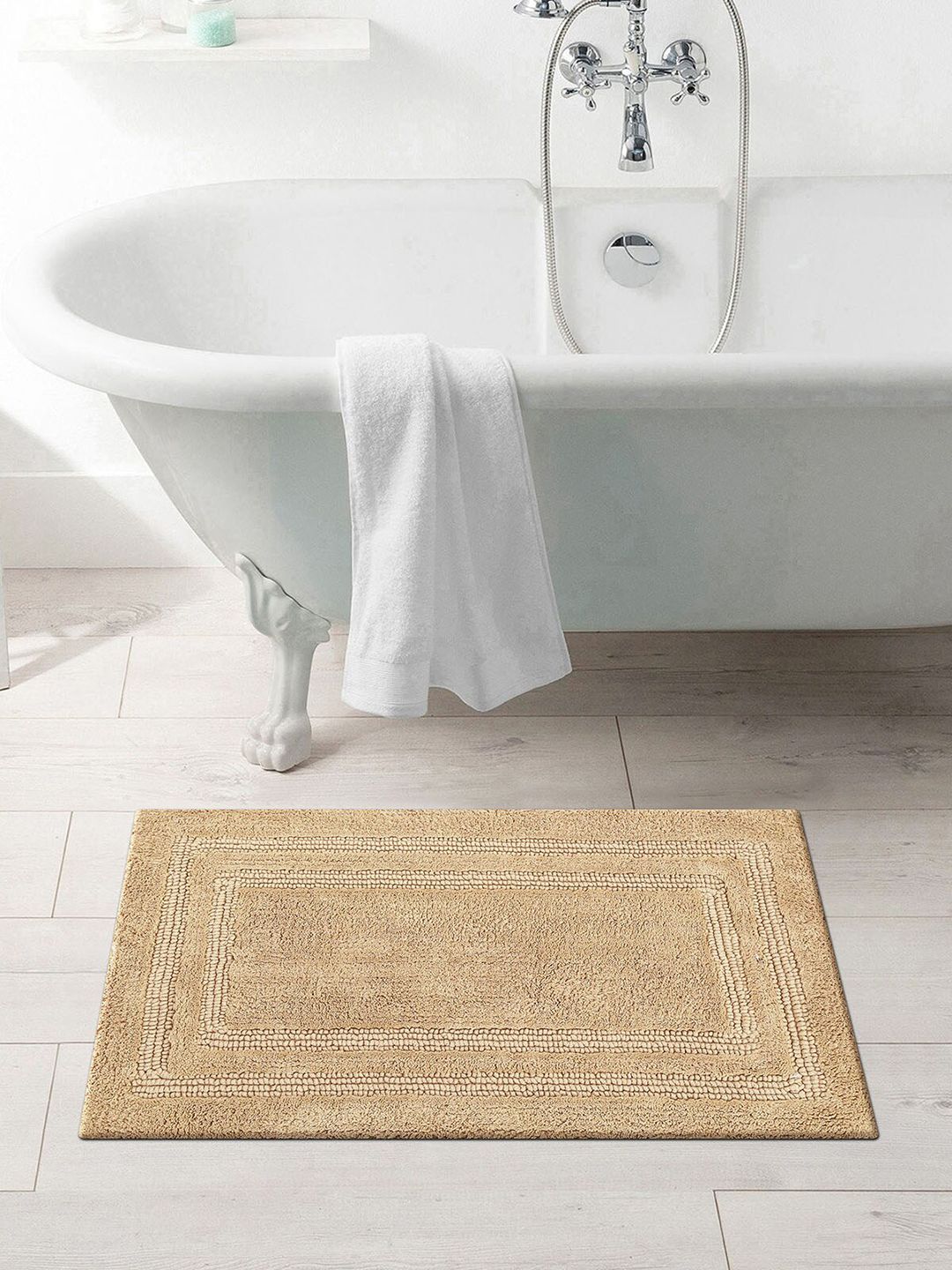 OBSESSIONS Beige Solid Pure Cotton Anti-Skid Bath Rug Price in India