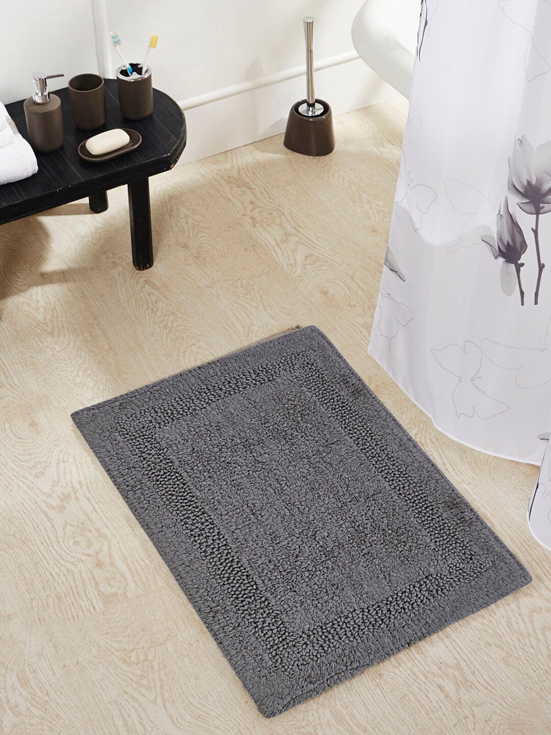 OBSESSIONS Charcoal Grey Solid Affinity Reversible Anti-Skid Bath Rug Price in India
