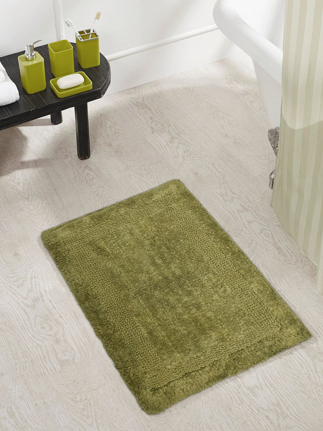 OBSESSIONS Olive Green Solid Affinity Reversible Anti-Skid Bath Rug Price in India