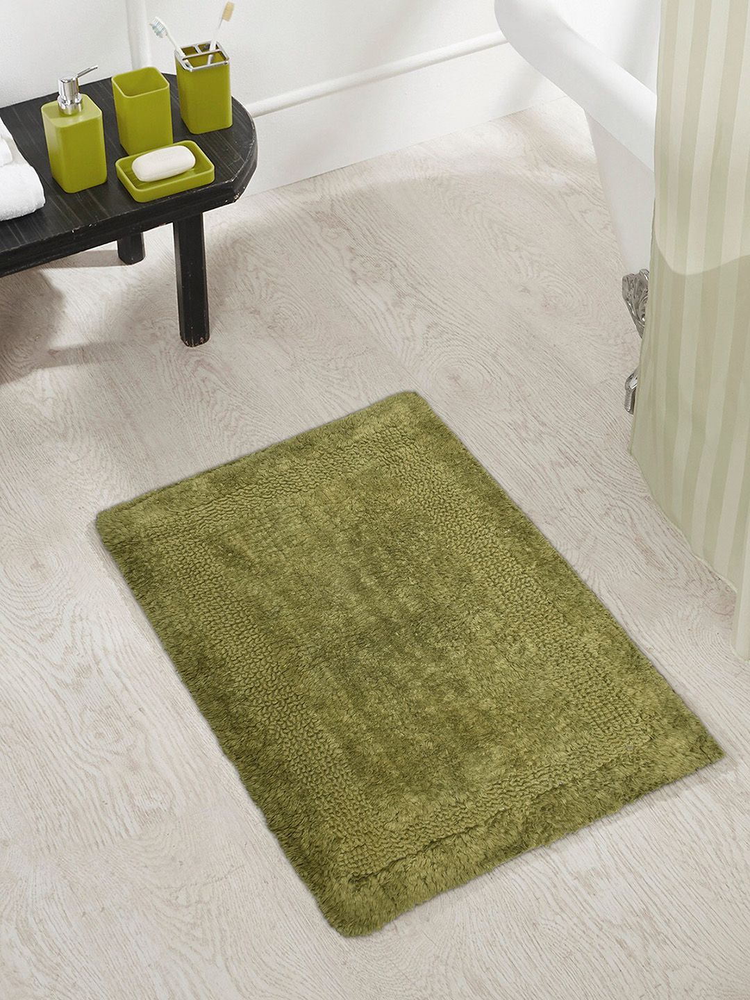 OBSESSIONS Olive-Green Solid Pure Cotton Affinity Reversible Bath Rug Price in India