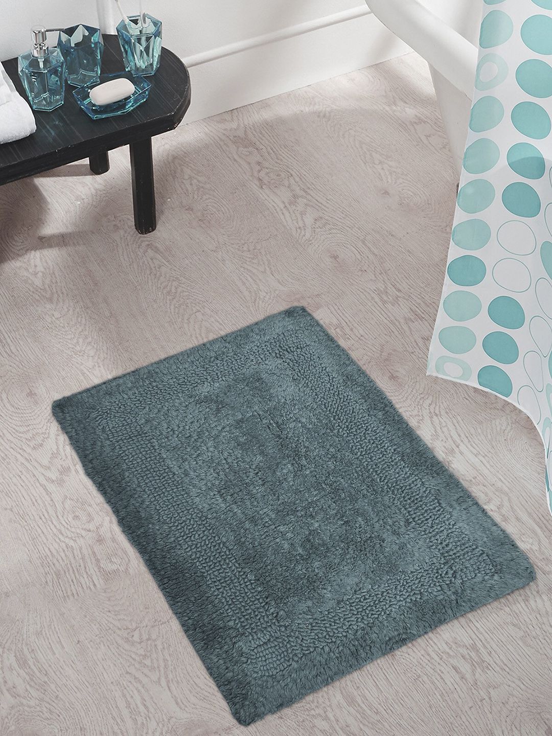 OBSESSIONS Teal Blue Solid Affinity Pure Cotton Reversible Anti-Skid Bath Rug Price in India