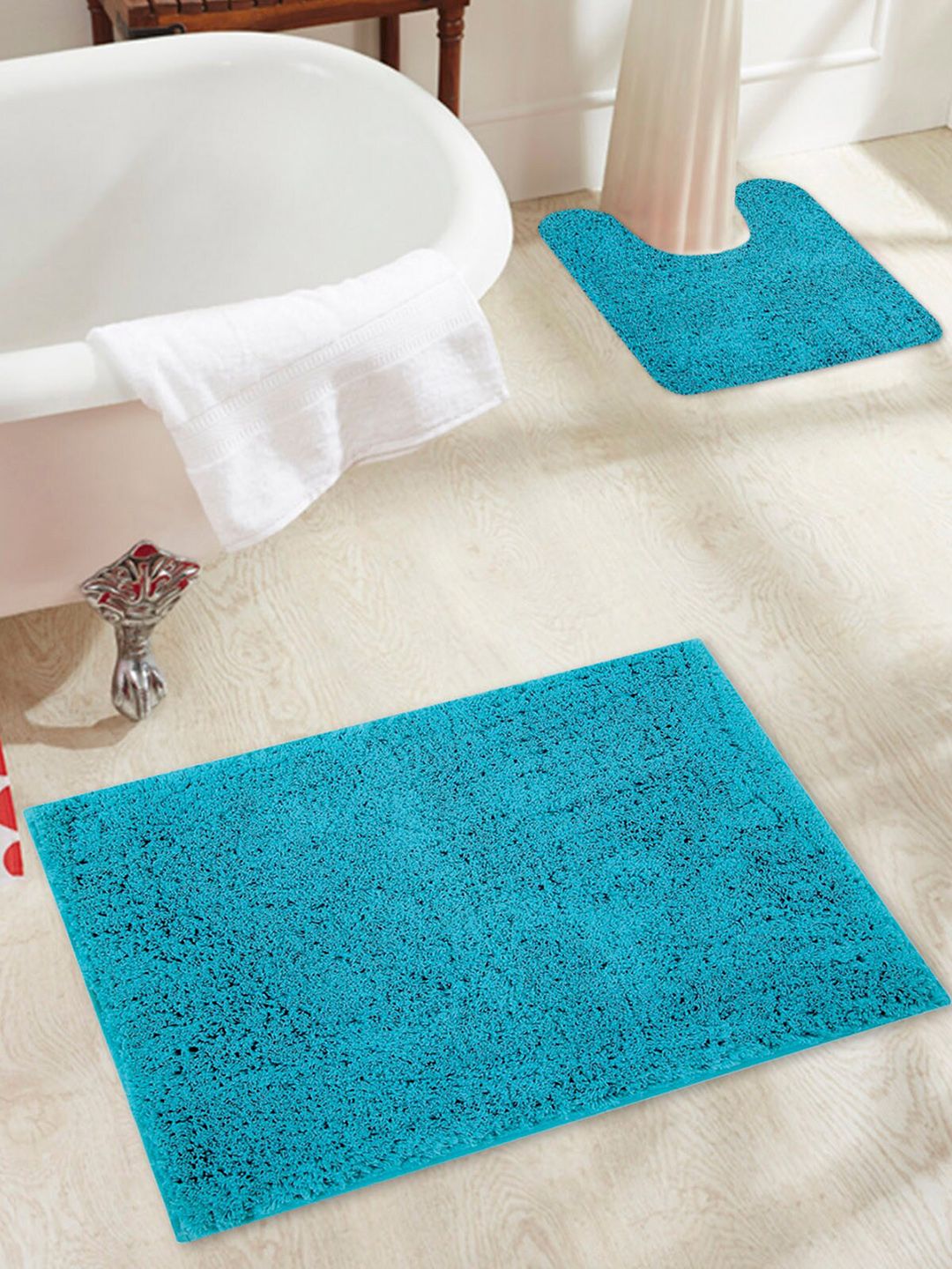 OBSESSIONS Blue Solid Anti-Skid Bath Rug With Contour Mat Price in India