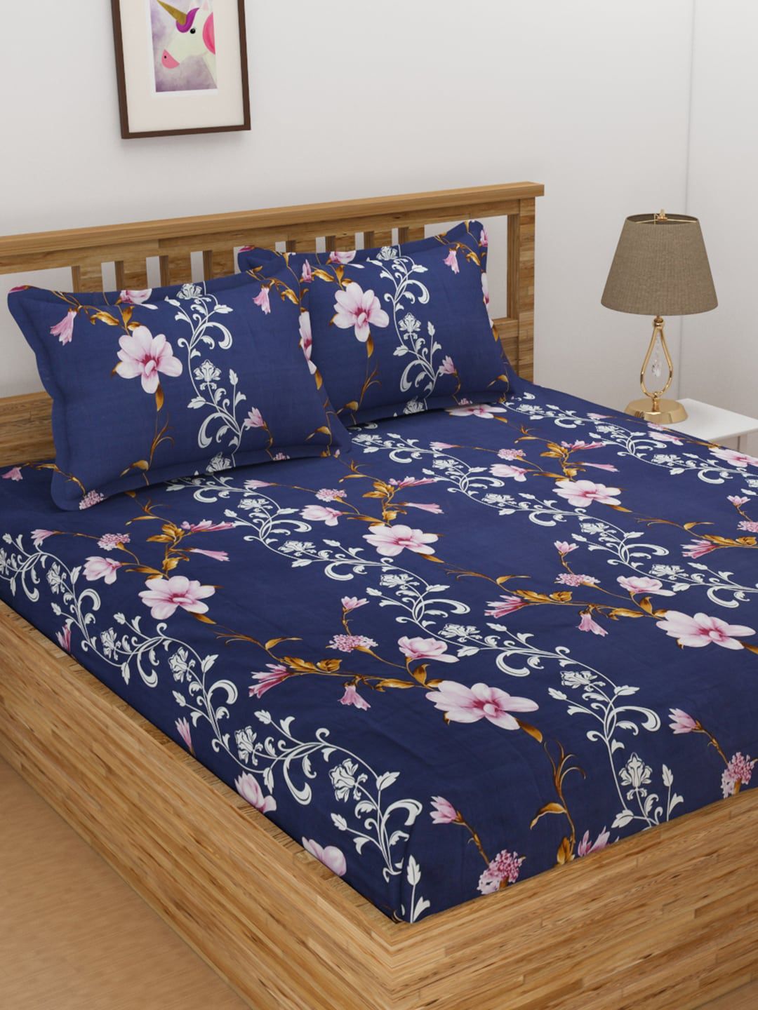Florida Navy Blue & Pink Floral 144 TC Queen Bedsheet with 2 Pillow Covers Price in India