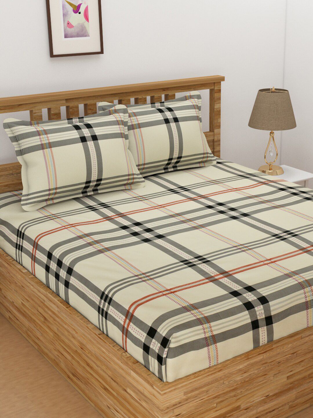 Florida Beige & Black Geometric 144 TC King Bedsheet with 2 Pillow Covers Price in India