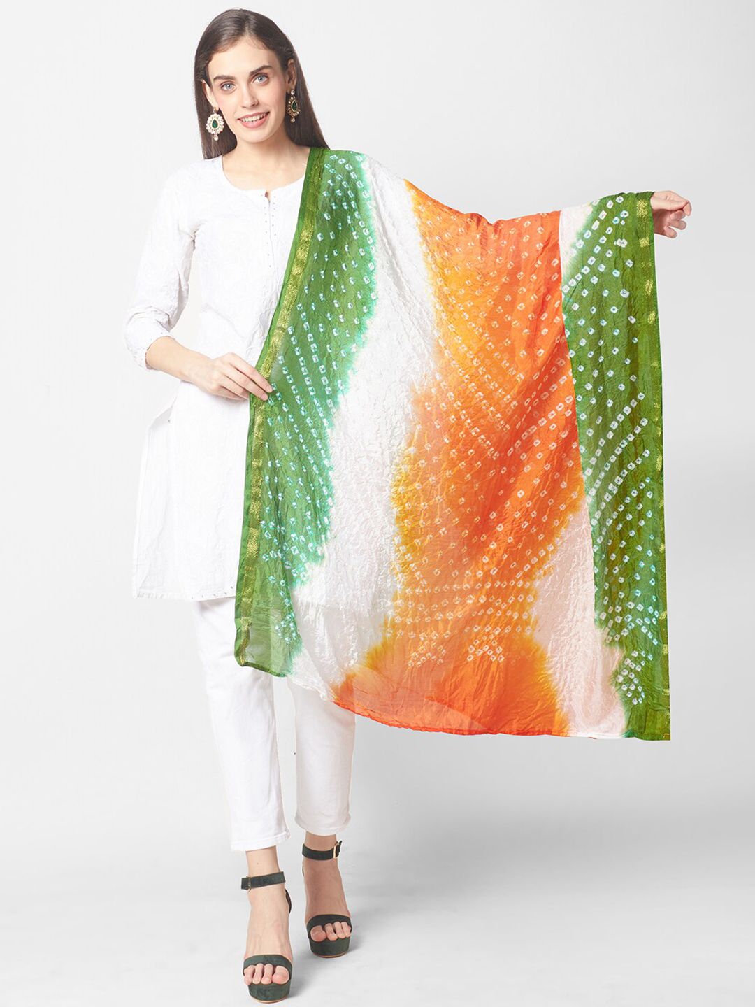 Dupatta Bazaar Orange & Green Dyed Art Silk Bandhani Dupatta Price in India