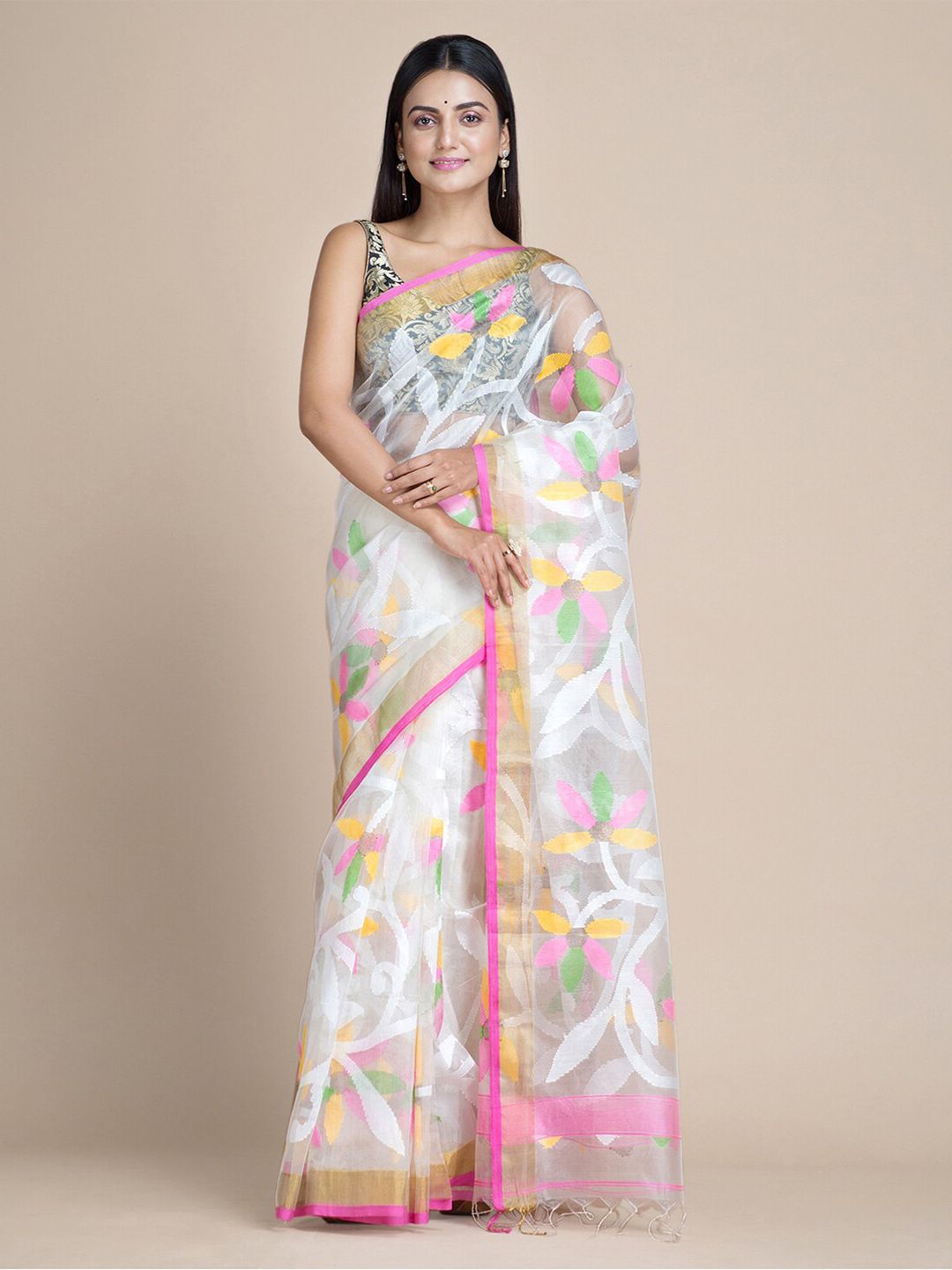 Mitera White & Yellow Floral Pure Silk Jamdani Saree Price in India