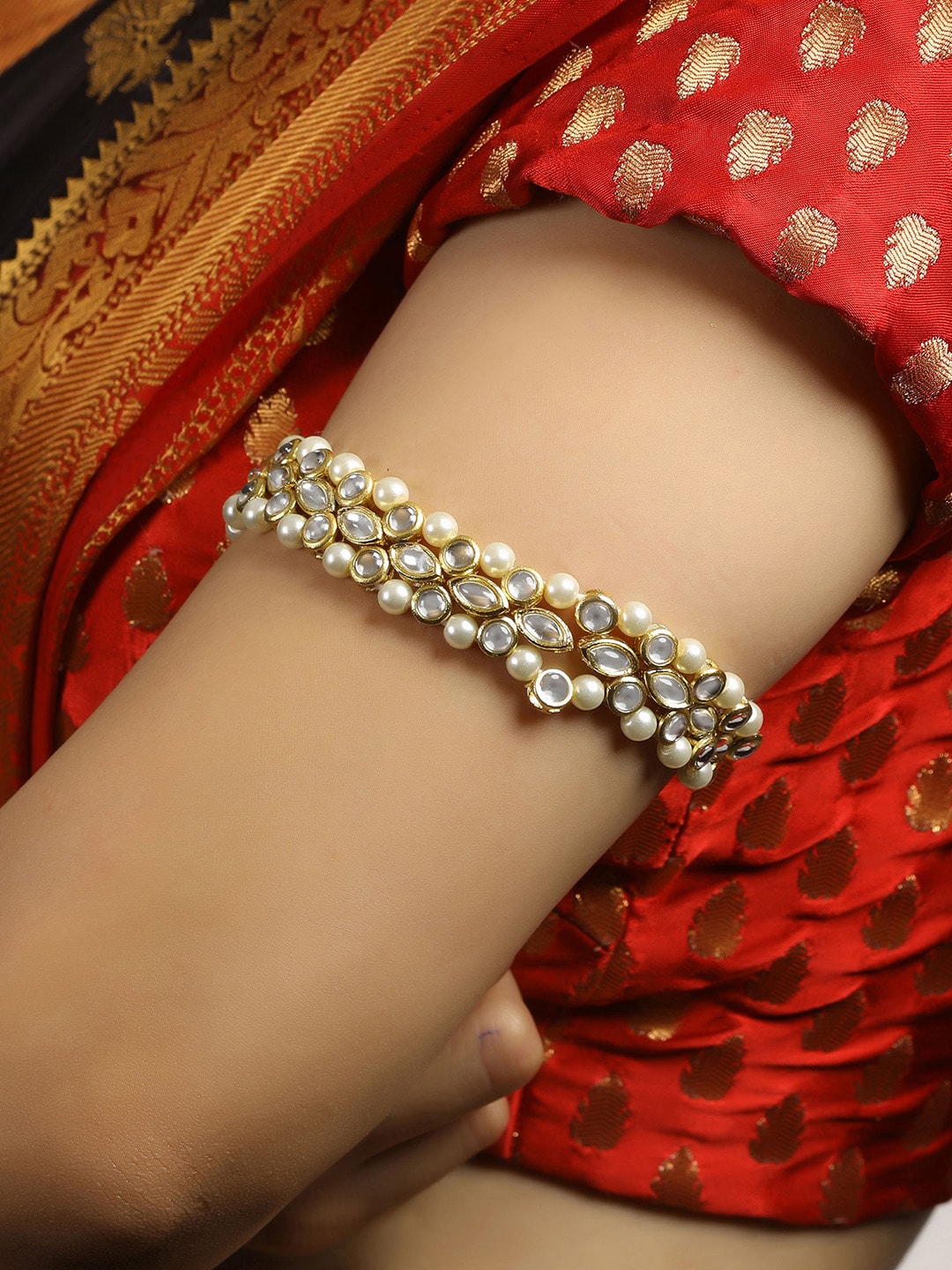 KARATCART Women Gold-Toned & White Kundan Handcrafted Gold-Plated Armlet Bracelet Price in India