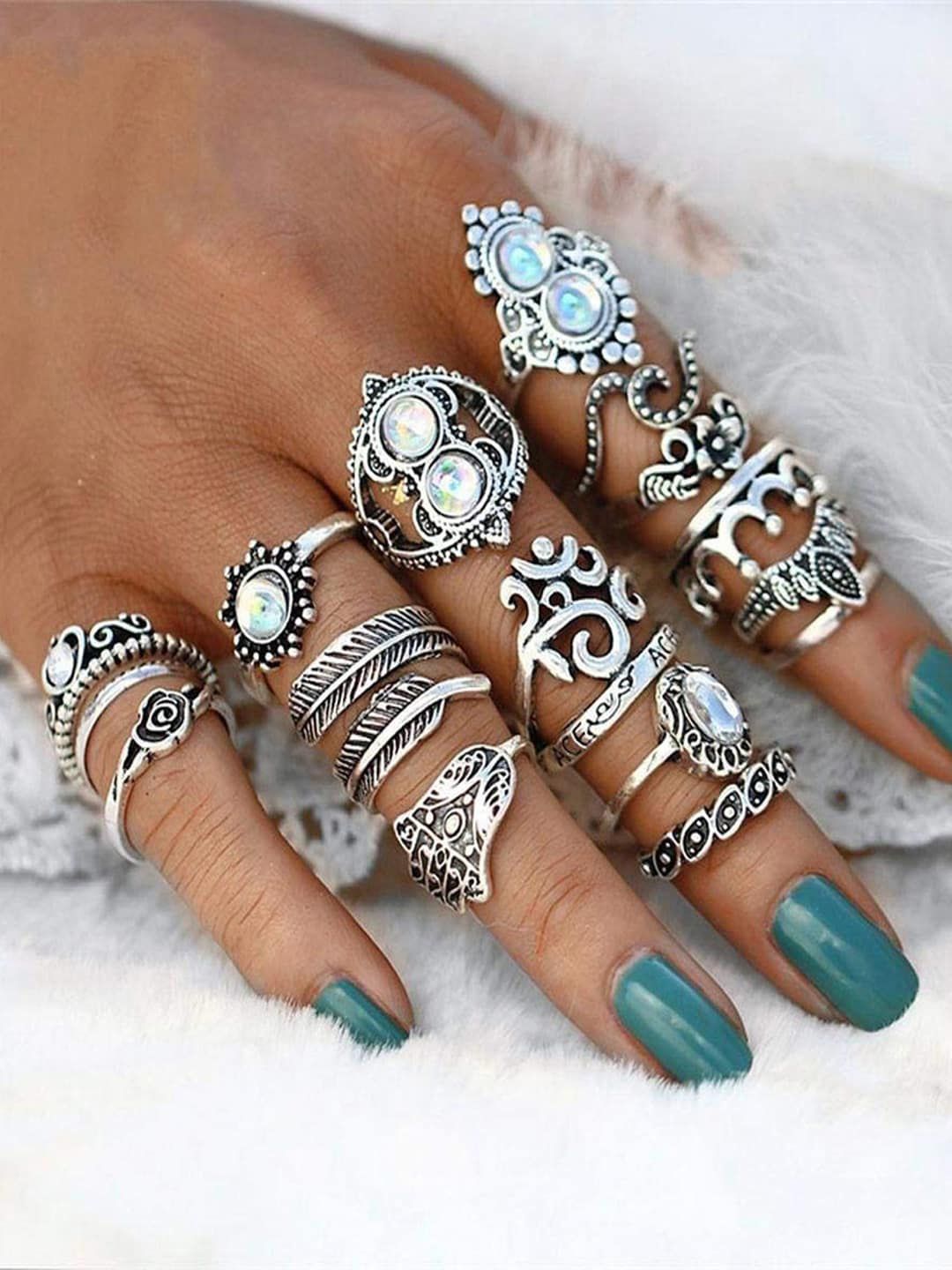Shining Diva Fashion Set Of 16 Oxidized Silver-Plated Adjustable Finger Rings Price in India