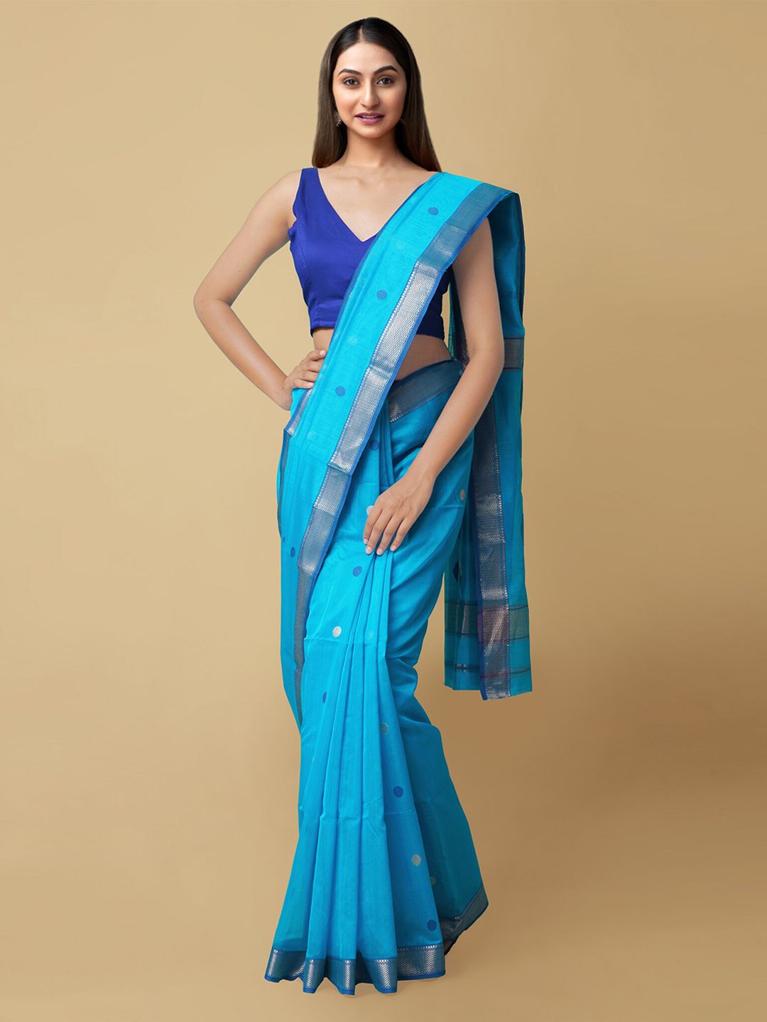 Unnati Silks Blue & Gold-Toned Silk Cotton Maheshwari Saree