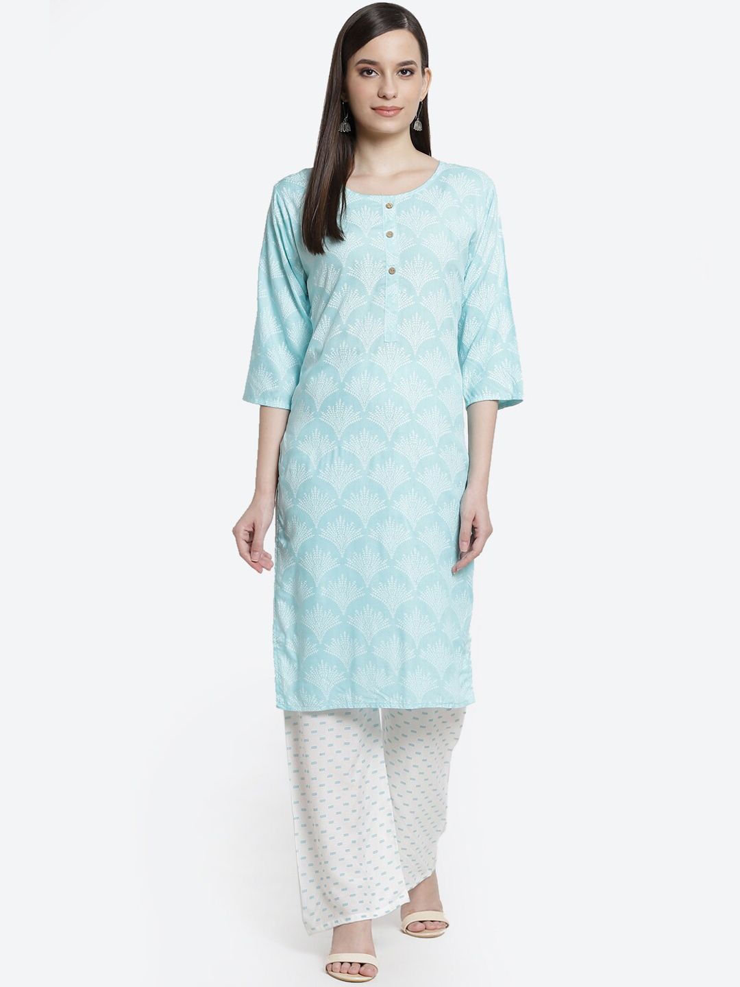 Kurti's by Menka Women Blue & White Ethnic Motifs Printed Kurti with Trousers