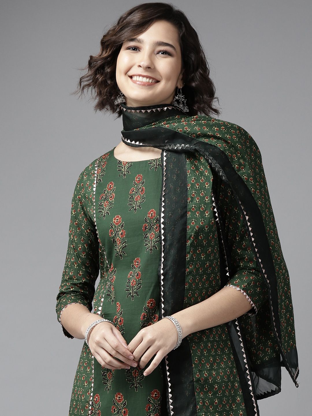 Indo Era Women Green Ethnic Motifs Printed Panelled Gotta Patti Pure Cotton Kurta with Trousers & With Price in India