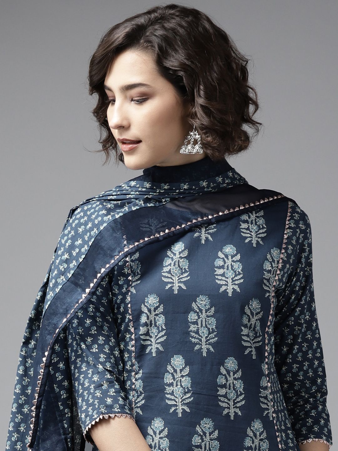 Indo Era Women Blue Floral Printed Regular Pure Cotton Kurta with Palazzos & With Dupatta Price in India