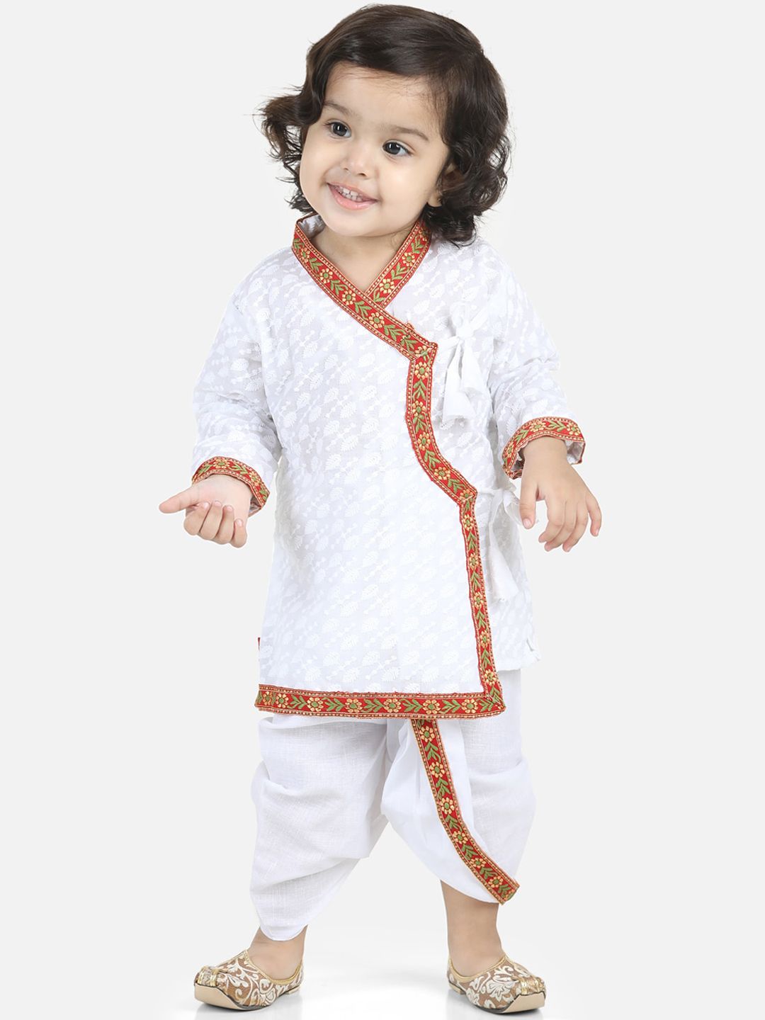 BownBee Boys White & Red Embroidered Angrakha Pure Cotton Kurti with Dhoti Pants