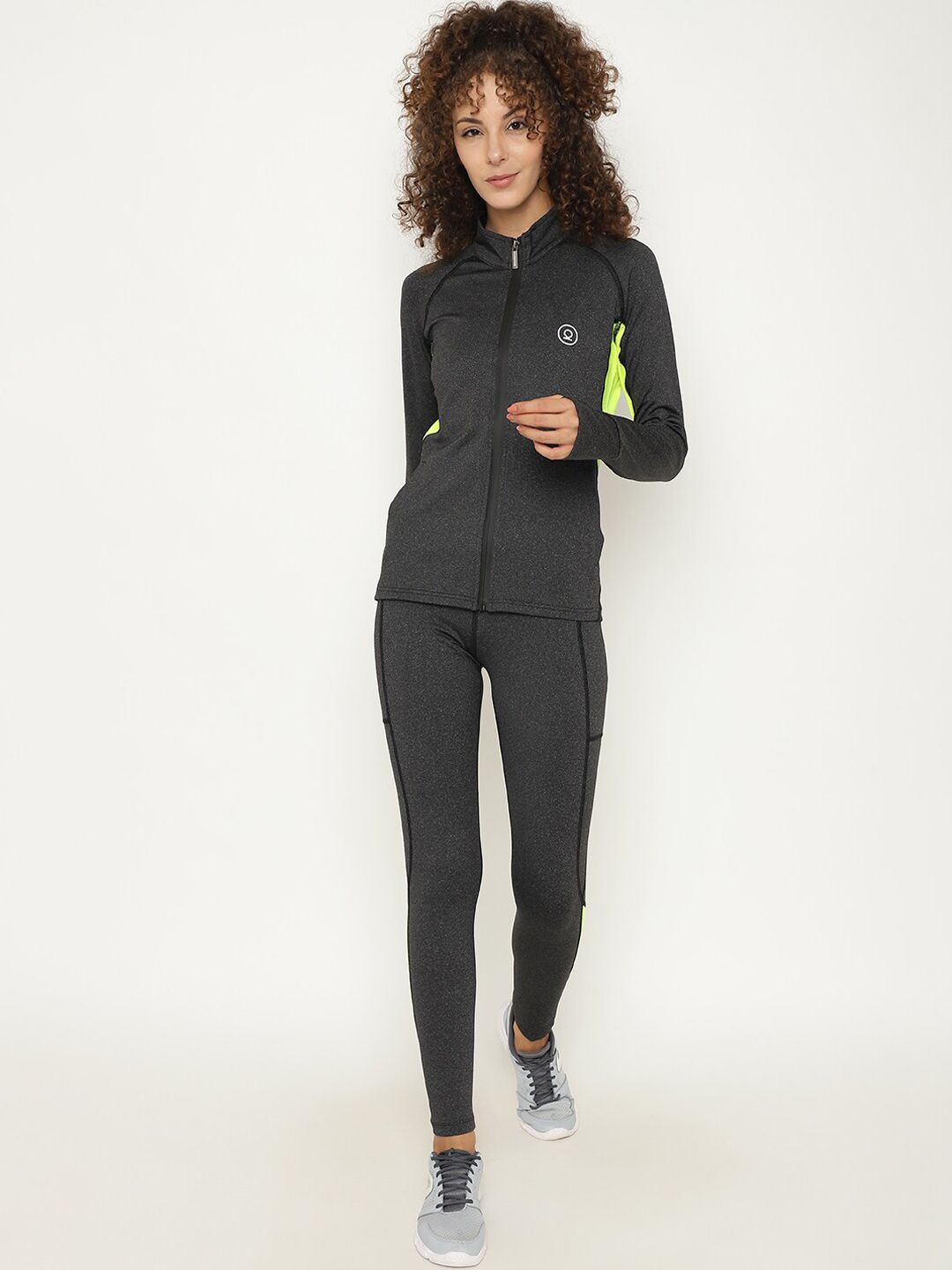 Chkokko Women Grey & Green Colourblocked Solid Sports Tracksuit Price in India