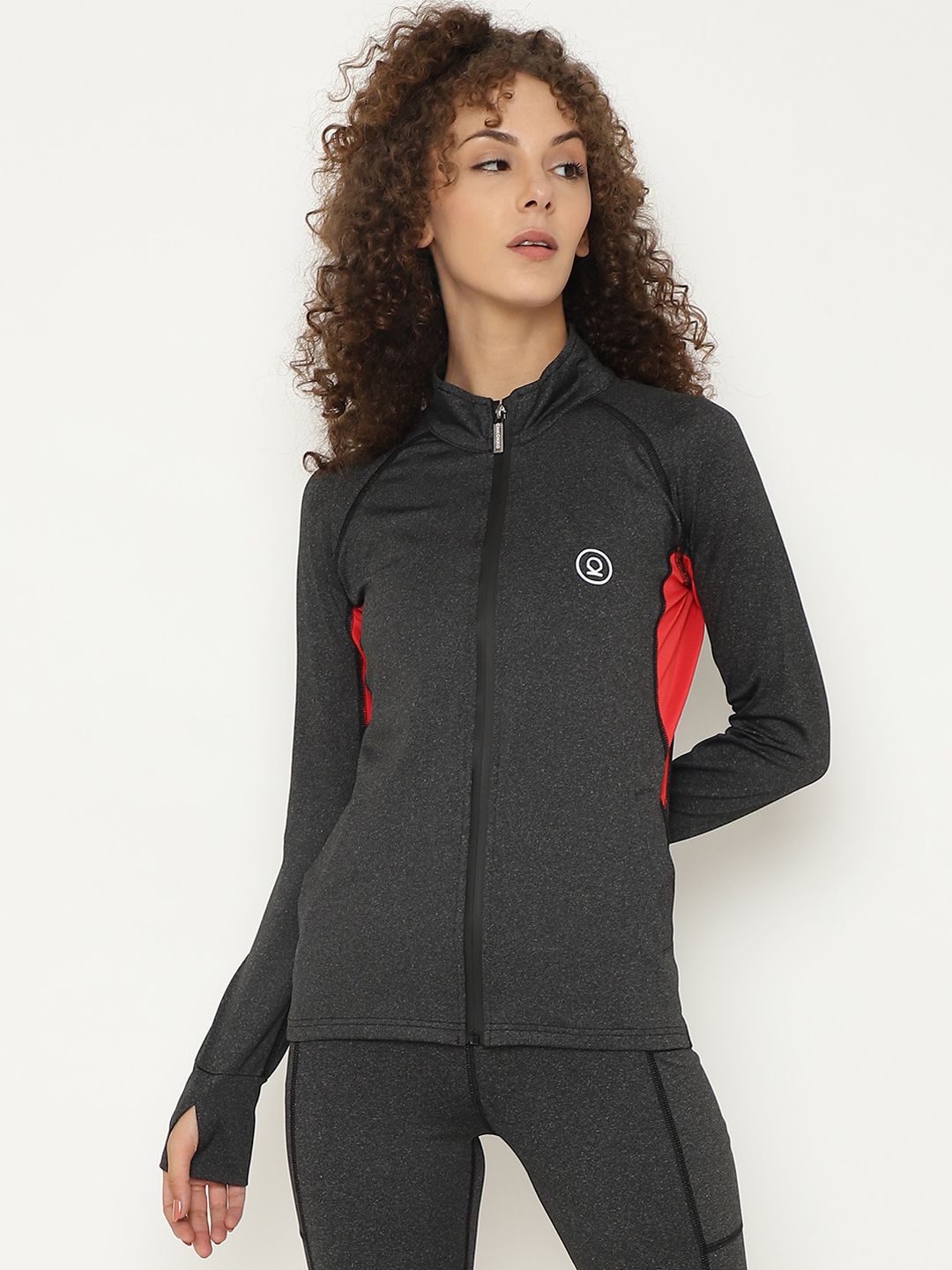 Chkokko Women Grey & Red Sporty Zipper Jacket with Patchwork Price in India