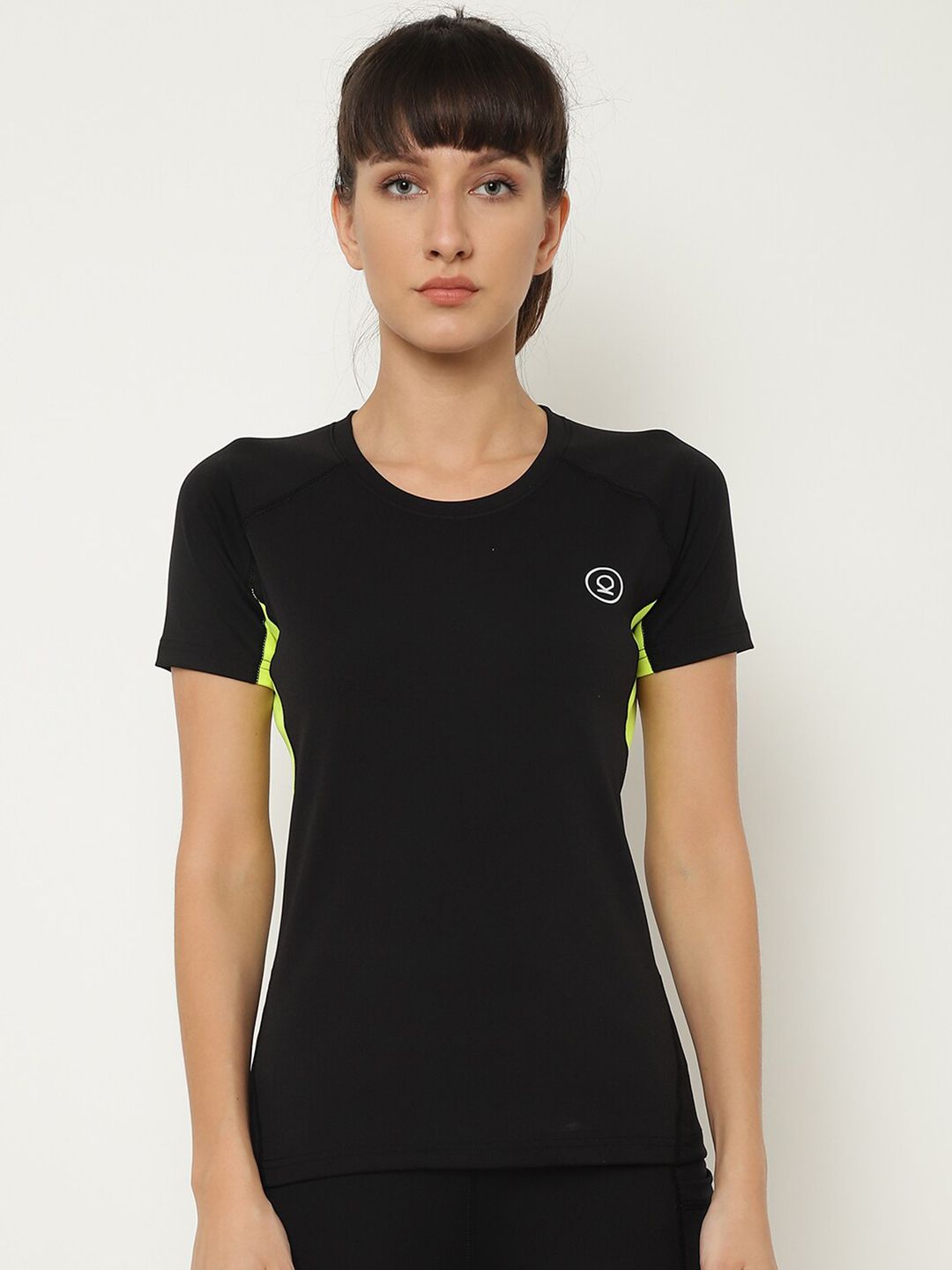 Chkokko Women Black & Fluorescent Green Antimicrobial Active Wear Sports T-shirt Price in India