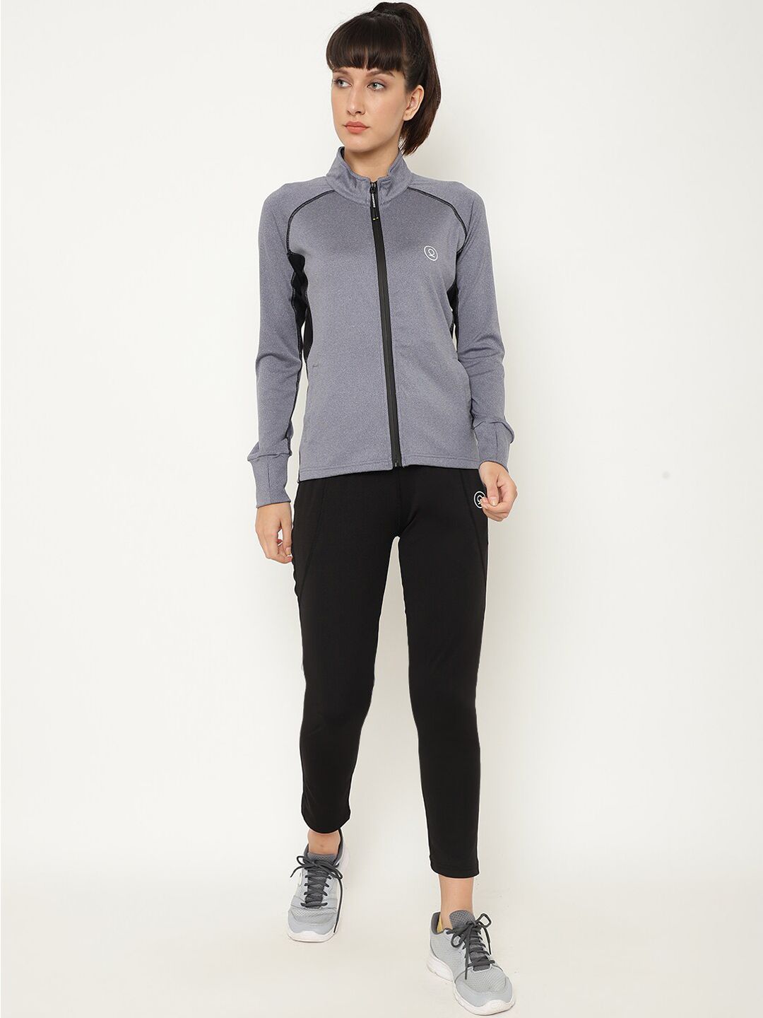 Chkokko Women Grey & Black Colourblocked Solid Zipper Tracksuit Price in India