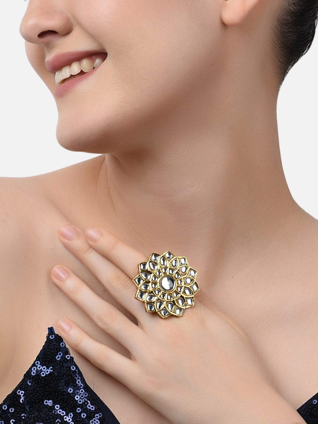 Zaveri Pearl Women Gold-Plated White Kundan-Studded Adjustable Finger Ring Price in India