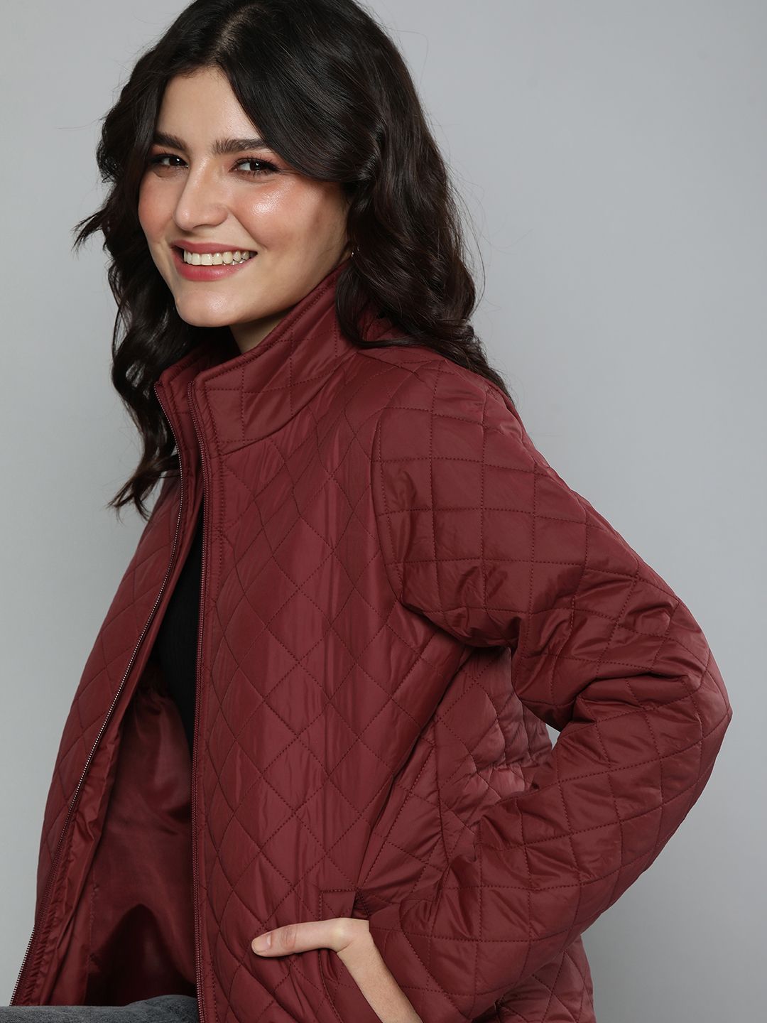 HERE&NOW Women Maroon Padded Jacket Price in India