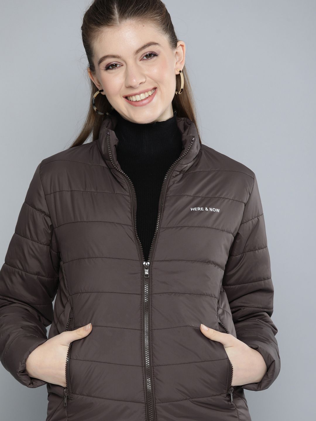 HERE&NOW Women Brown Padded Jacket Price in India