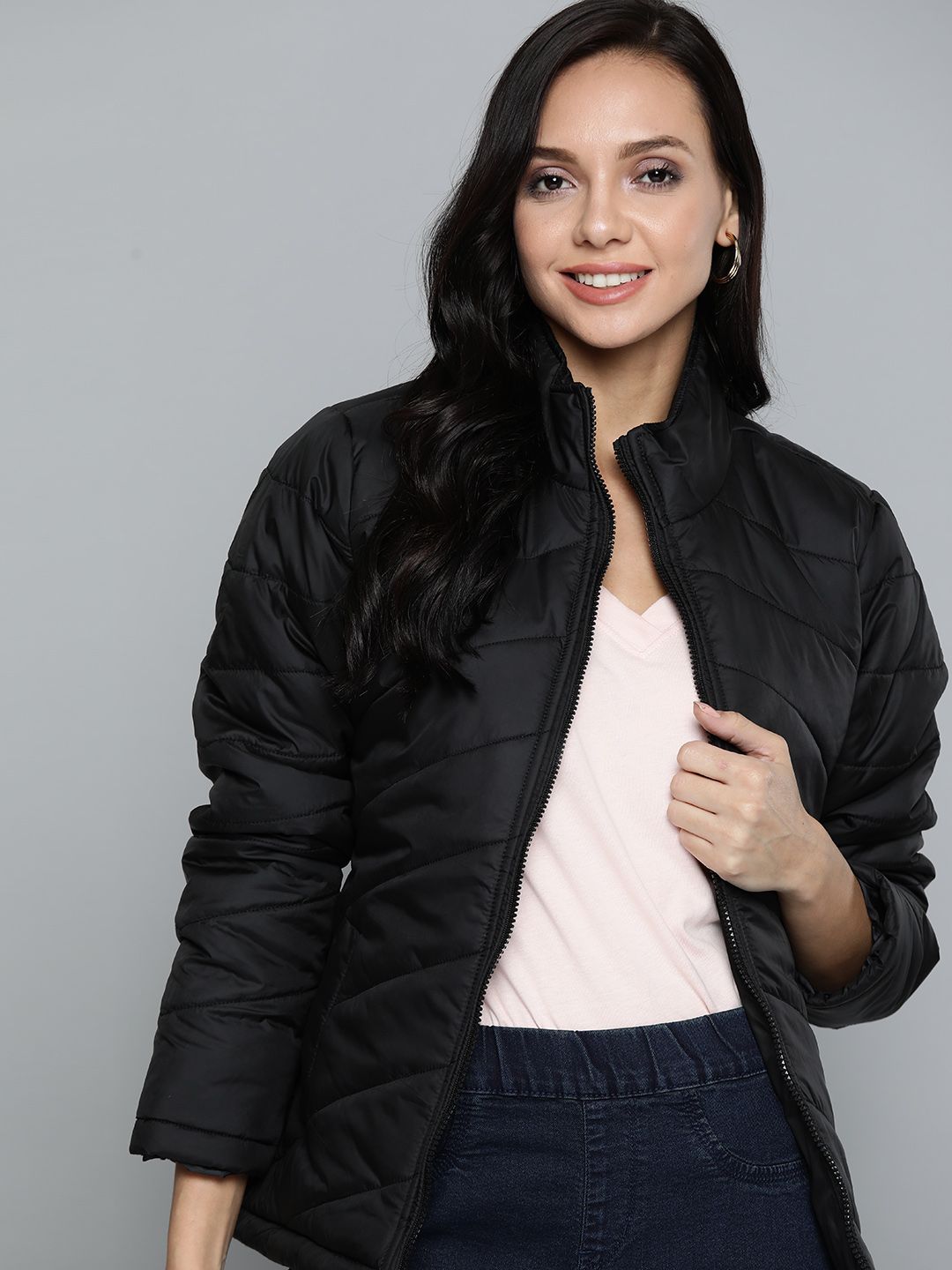 HERE&NOW Women Black Padded Jacket Price in India