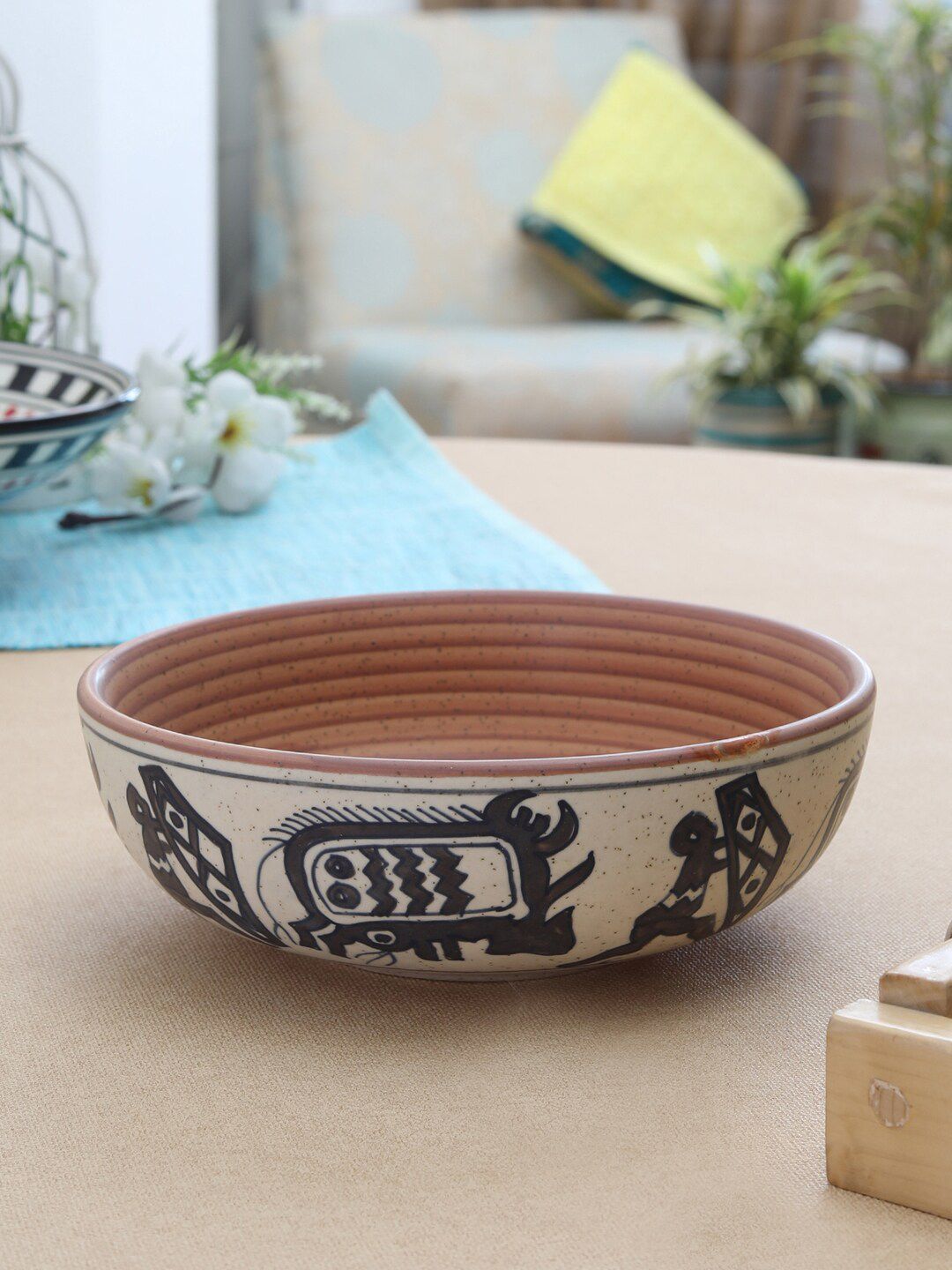 MIAH Decor Cream-Coloured & Black Handcrafted & Hand Painted Stoneware Matte Bowl Price in India