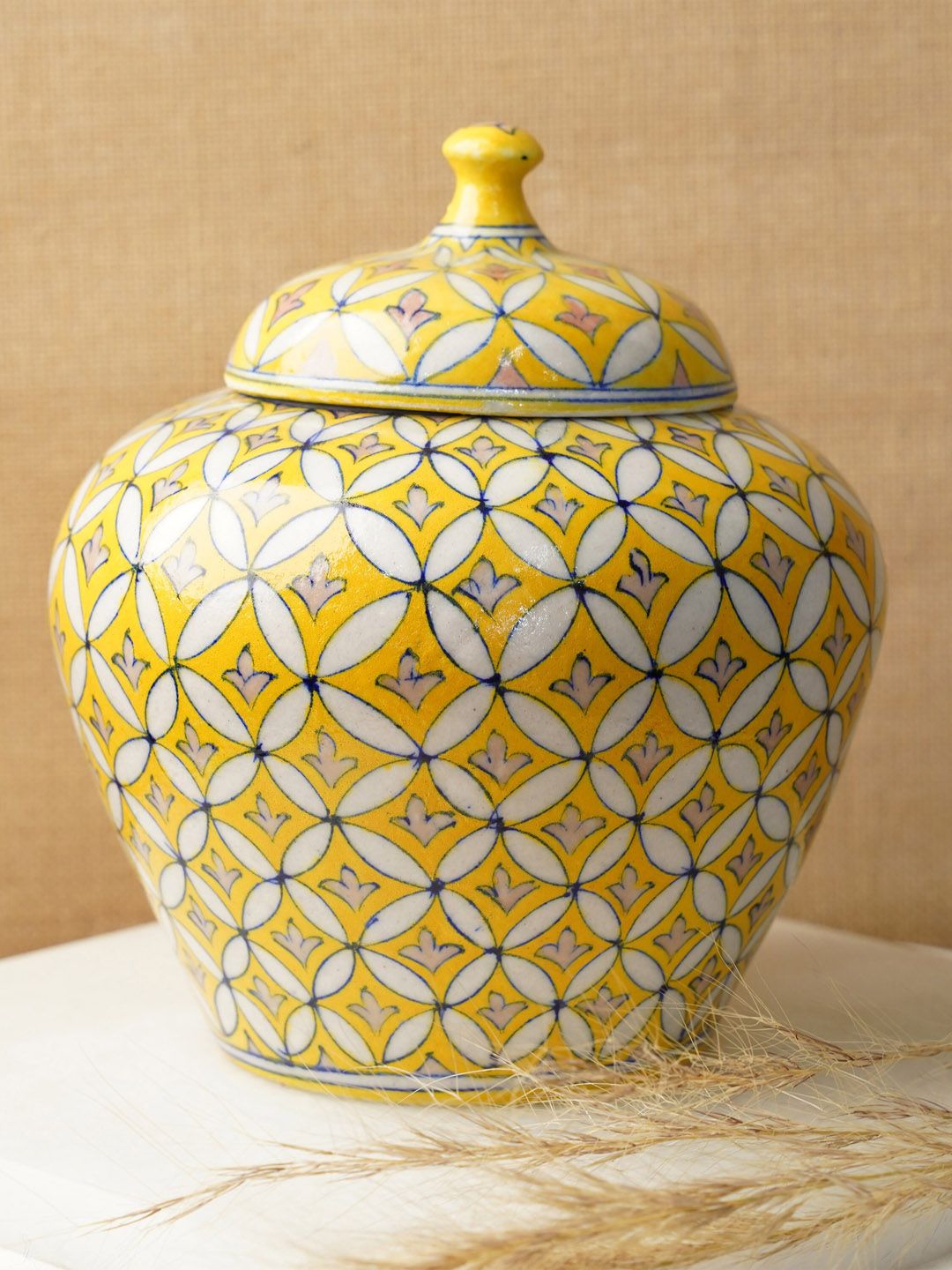 Folkstorys Yellow & White Garden Handpainted Vase with Lid Price in India