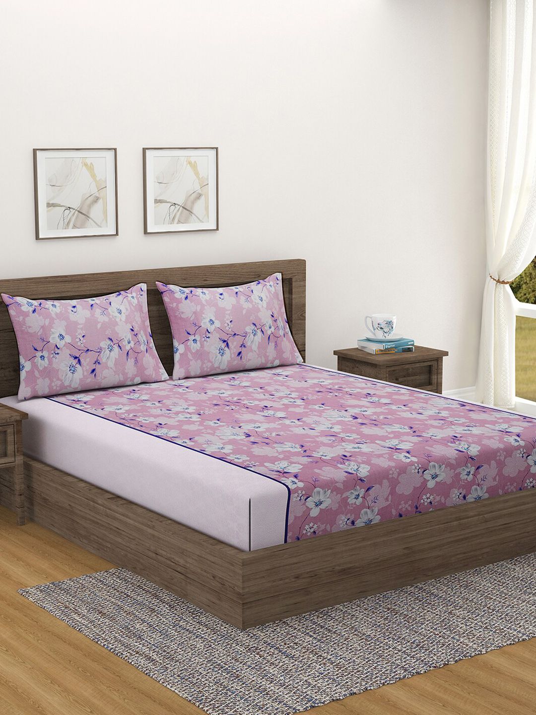 SWAYAM Purple & Blue Floral 144 TC Cotton King Bedsheet with 2 Pillow Covers Price in India