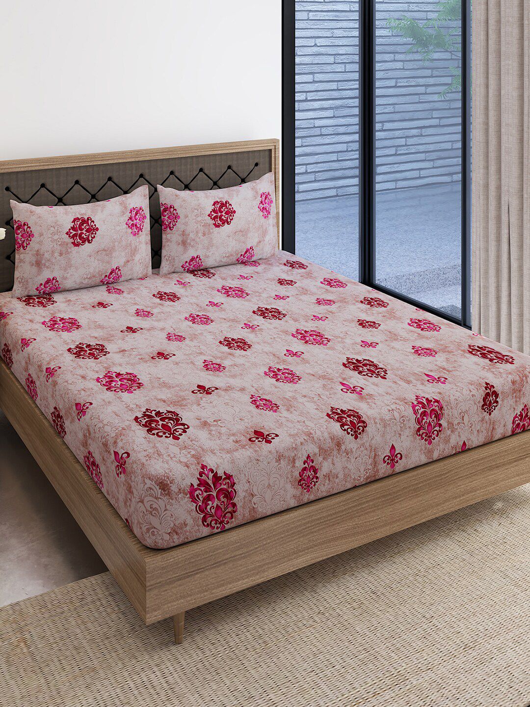 SWAYAM Beige & Pink Ethnic Motifs King Bedsheet with 2 Pillow Covers Price in India