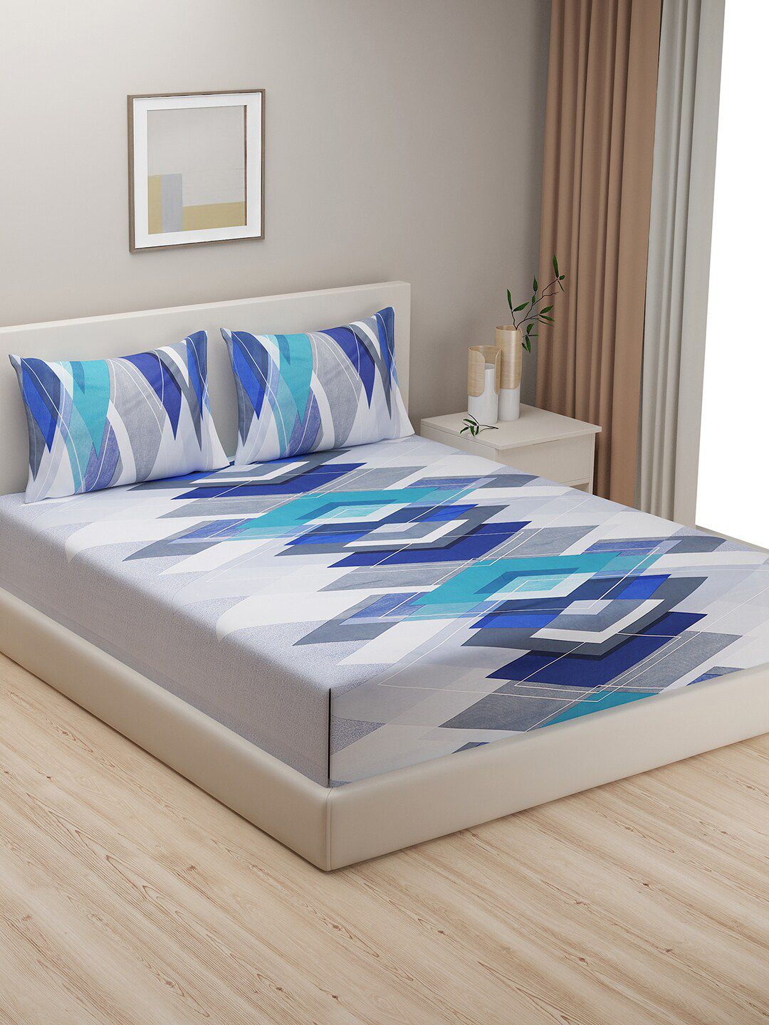 SWAYAM Grey & Blue Geometric 144 TC King Bedsheet with 2 Pillow Covers Price in India