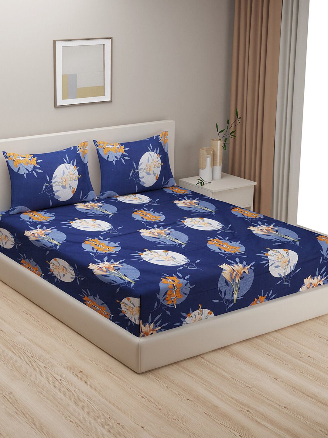 SWAYAM Navy Blue & Yellow Floral 240 TC King Bedsheet with 2 Pillow Covers Price in India