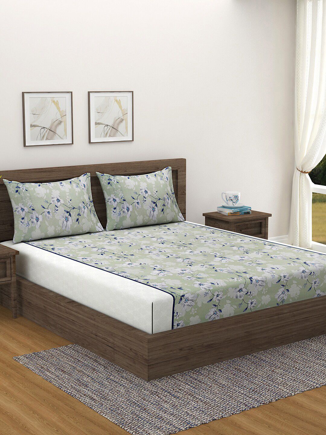 SWAYAM Green & Grey Floral 144 TC King Bedsheet with 2 Pillow Covers Price in India