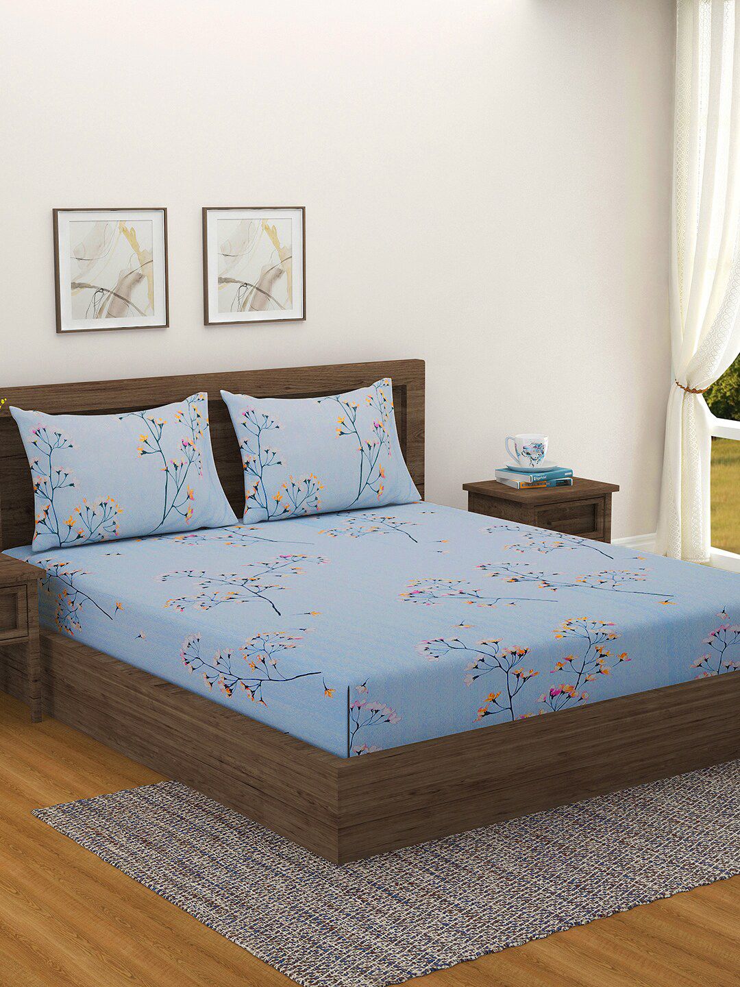SWAYAM Blue & Orange Floral 200 TC King Bedsheet with 2 Pillow Covers Price in India